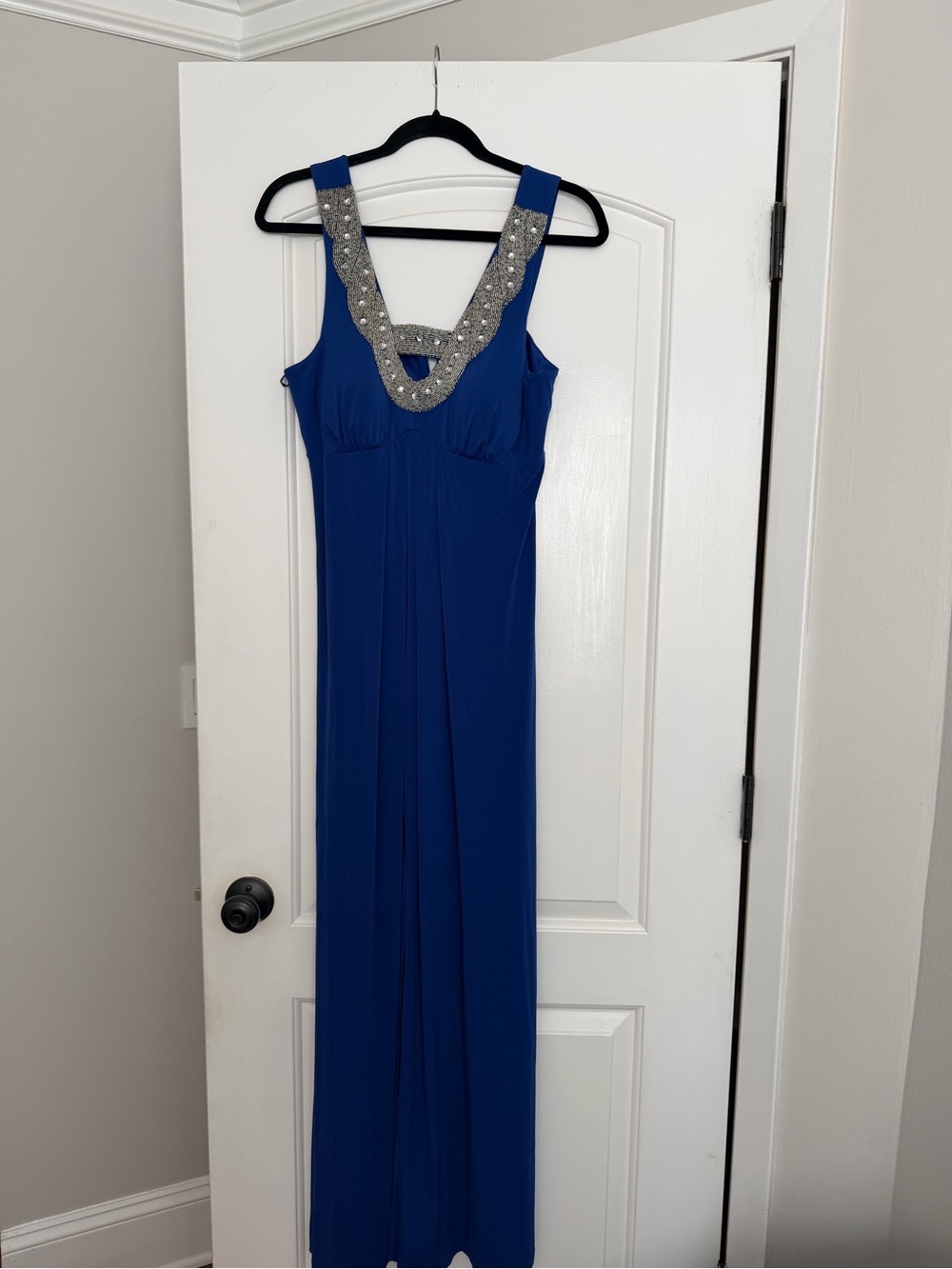Robbie Bee Royal Blue Maxi Dress with Silver Beaded V-Neck
